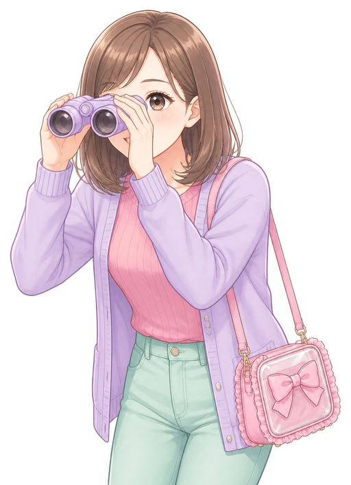 双眼鏡をのぞいて遠くを見ている女性のマスコットキャラクター