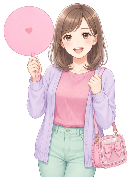 うちわを持って応援する女性のマスコットキャラクター