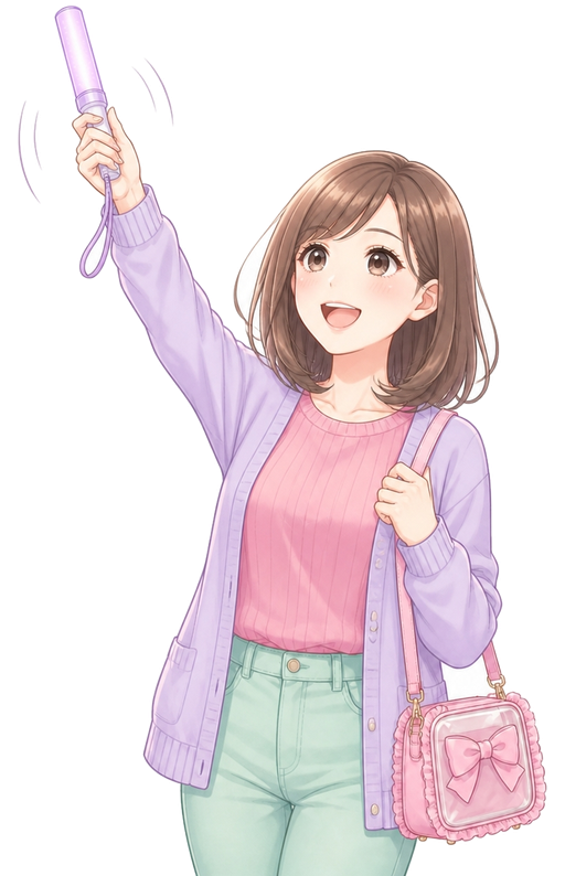 ペンライトを振って応援する女性のマスコットキャラクター